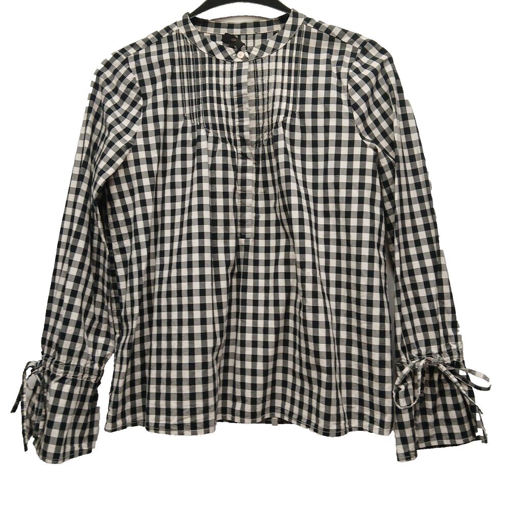 J Crew Womens Black White Gingham Checked Arm Hem Tie Shirt Top Blouse Size XS